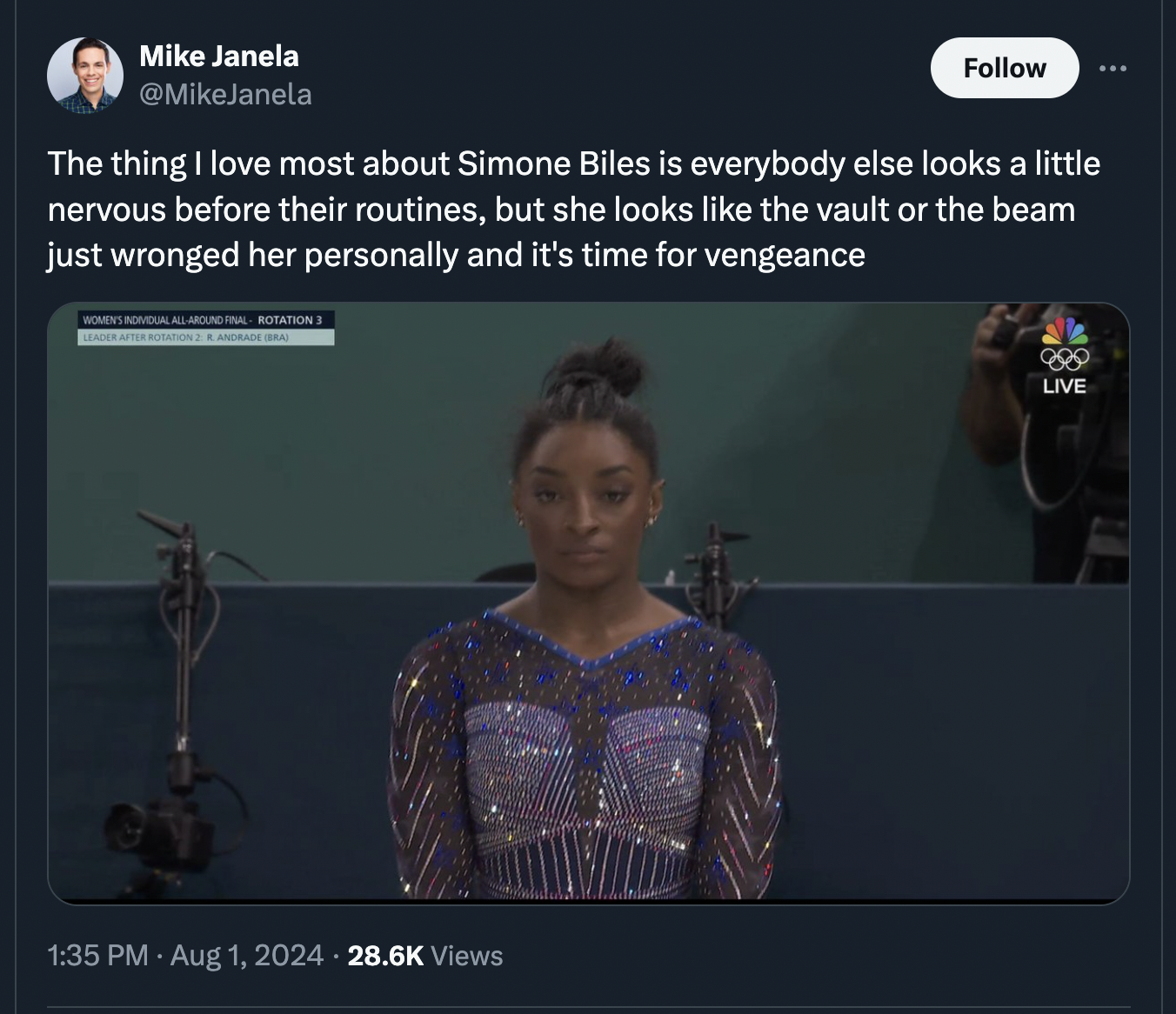 screenshot - Mike Janela The thing I love most about Simone Biles is everybody else looks a little nervous before their routines, but she looks the vault or the beam just wronged her personally and it's time for vengeance Womens On All Arca ROTATION3 View